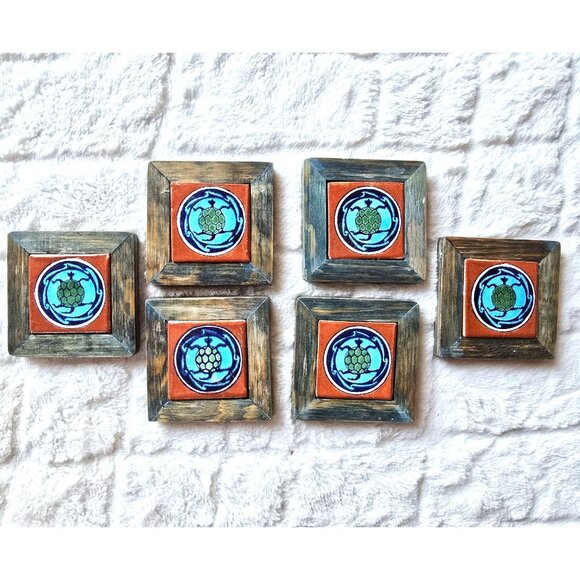 Retro Green Blue Wooden Tile Turtle Coasters 6 pcs - Picture 2 of 7